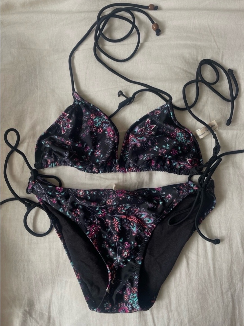 AERIE/AMERICAN EAGLE Black Paisley String Bikini Top & Bottom Set